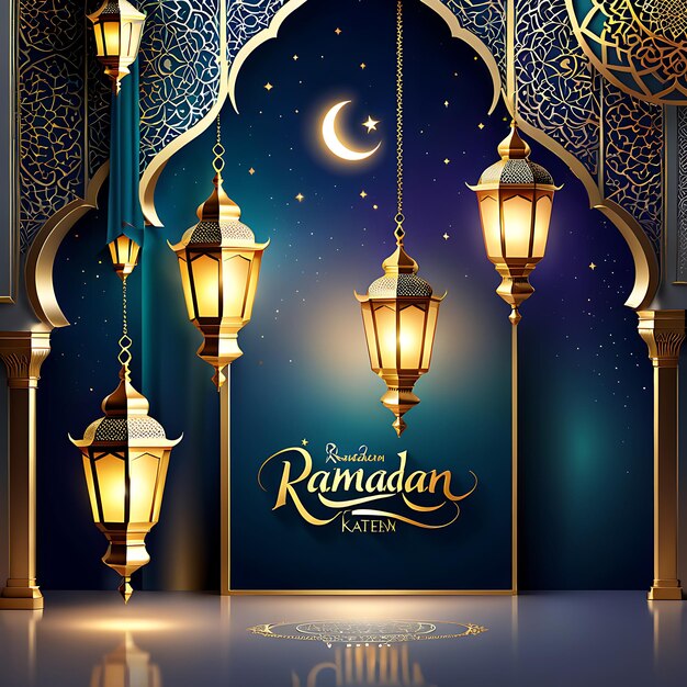 Foto ramadan kareem saudação design islâmico com fundo desfocado