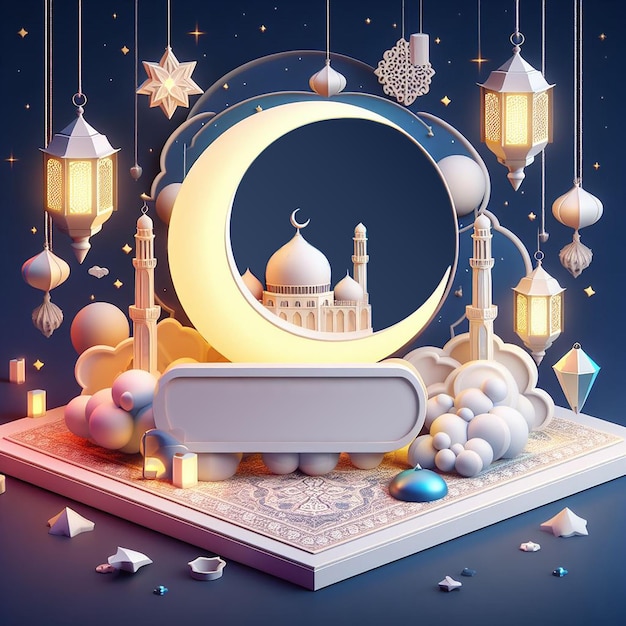Ramadan kareem Social Media Post de un cartel para el ramadán con una mezquita y una luna