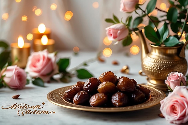 Ramadán Kareem tarjeta de felicitación invitación cena de Iftar musulmán Eid ul Adha estandarte plato con fechas fruta bronce taza de café rosas rosas y ramas verdes luces bokeh festivas fondo de mesa blanco