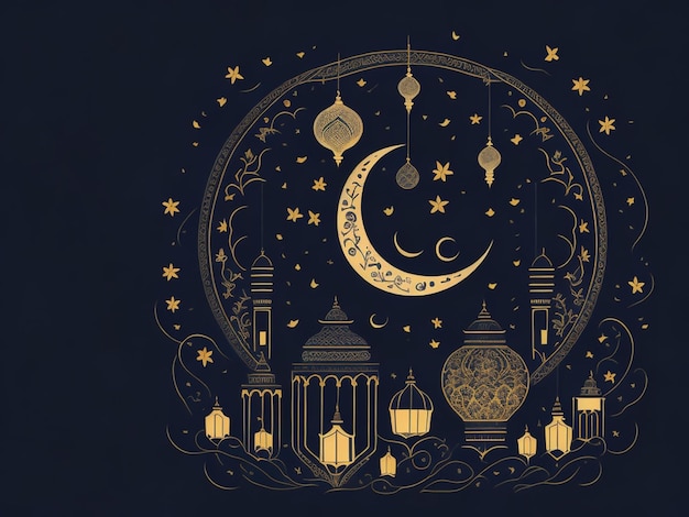 Ramadán Kareem tarjeta de felicitación Linternas árabes luna y estrellas