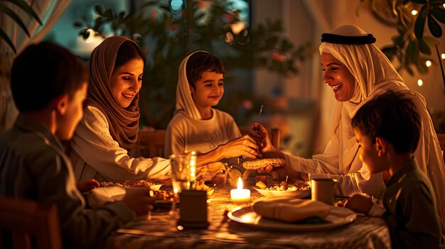 Foto ramadan kareem uma reunião calorosa de famílias compartilhando a tradicional refeição iftar