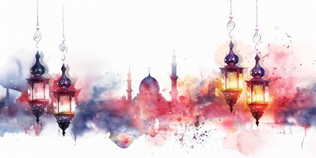 Ramadan Kareem Urlaub Pastell Grußkarte Halbmond Lantern Moschee