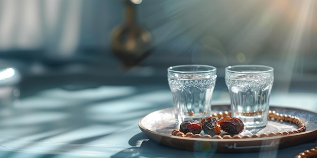 Ramadan Kareem Urlaub Wasser mit Datteln Obst für Iftar