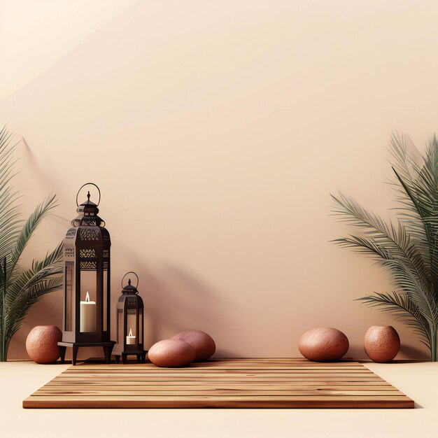 Ramadan Kareem Wood Lanterns mit Wüsten-Hintergrund für Social-Media-Post-Vorlage