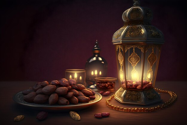 Ramadan Lampe Rosenkranz und Datteln Feiertage Dekoration Hintergrund generative ai