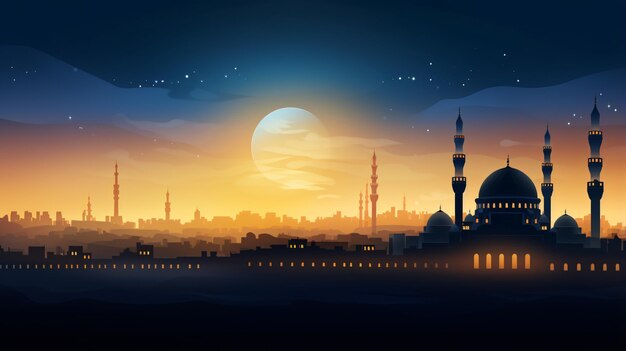 Foto ramadan landschaft hintergrund mit moscheen beim sonnenuntergang