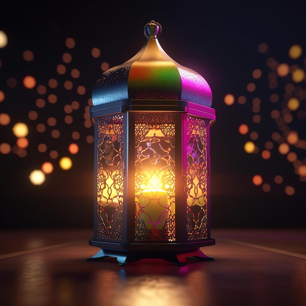 ramadan-laterne mit bunt leuchtenden brennenden kerzenlichtern auf bokeh-hintergrund