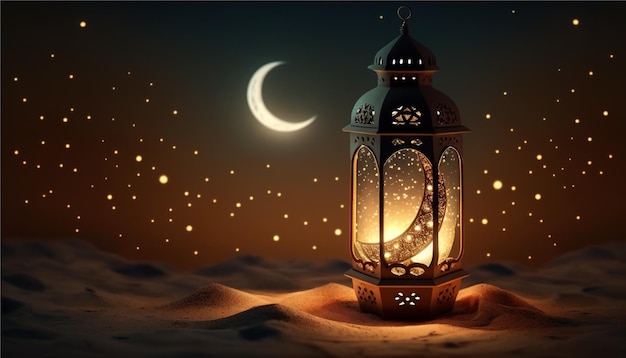 Ramadan-Laterne mit Licht, das nachts leuchtet und mit Bokeh-Lichtern auf dem Boden glänzt Generative ai