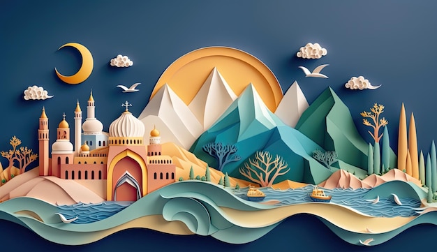 Ramadán mezquita papel quilling montaña y mar paisaje corte papel azul fondo ai generado