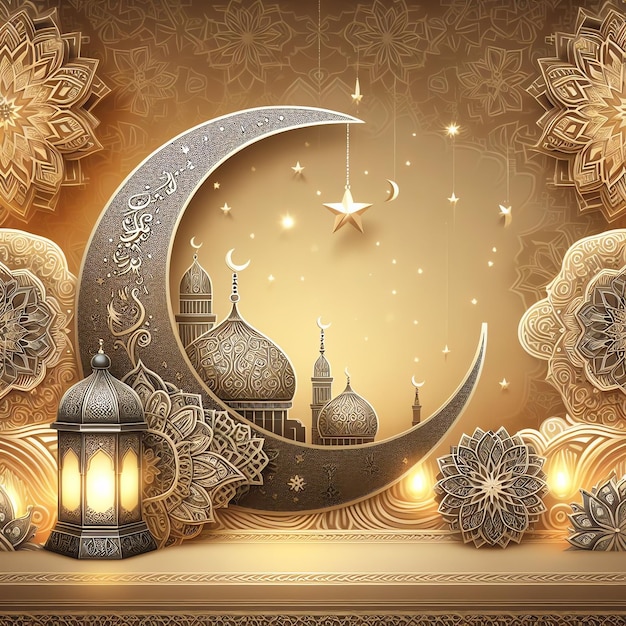 Ramadan-Moschee mit Laterne und Halbmond islamischer Feiertag Eid al Adha 3D-Rendering