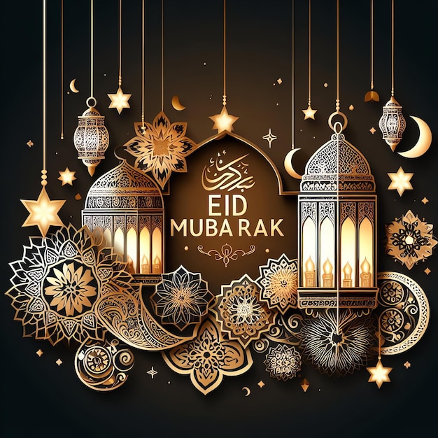 Ramadan-Moschee mit Laterne und Halbmond islamischer Feiertag Eid al Adha 3D-Rendering