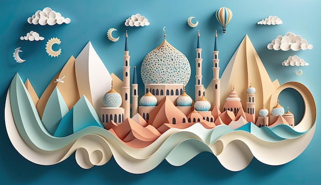 Ramadan Moschee Papier Quilling Berg- und Meereslandschaft Schneidepapier Farbhintergrund ai generiert