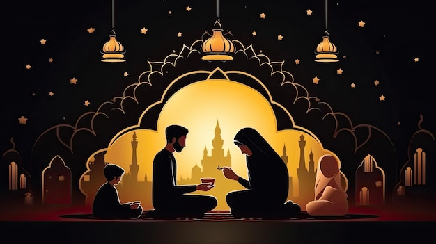 Ramadan Mubarak Banner Design com personagem de família muçulmana rezando antes da refeição na mandala preta