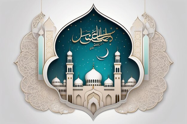 Ramadan Mubarak bonito cartão de saudação baseado no padrão islâmico tradicional como um fundo árabe