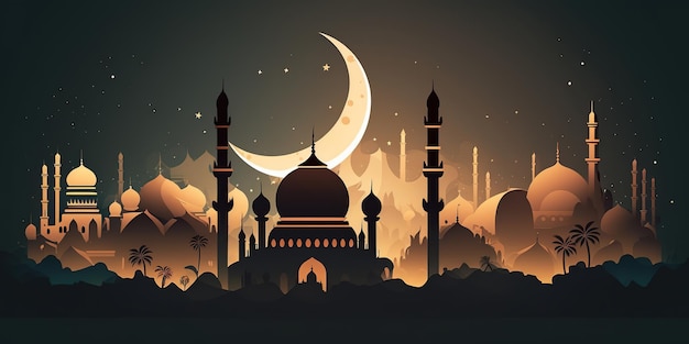 Ramadan Mubarak Concept Diseño ilustrativo minimalista sobre fondo islámico para vacaciones musulmanas