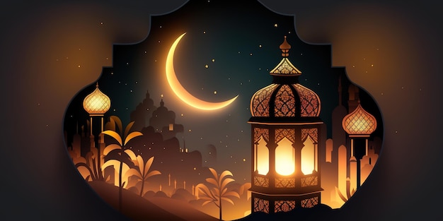 Ramadan Mubarak Concept Uma lanterna de design ilustrativo minimalista em fundo islâmico