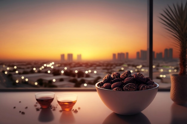 Ramadan Mubarak Concepto fecha frutas puesta de sol fondo