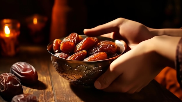 Foto ramadan mubarak dadas secas em uma tigela mesa de jantar em casa dadas deliciosas mês santo ramadan