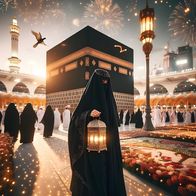 Ramadan Mubarak e Eid alfitr mulheres fanos na mesquita de Meca alharam ai gerador