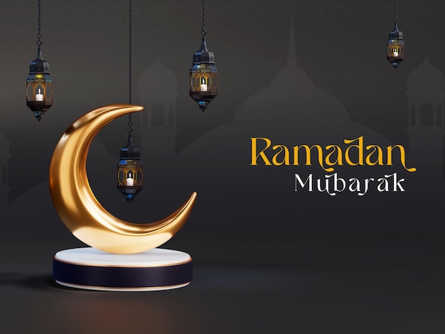 Ramadan Mubarak exibição de luxo pódio modelo de bandeira de mídia social com uma lua crescente