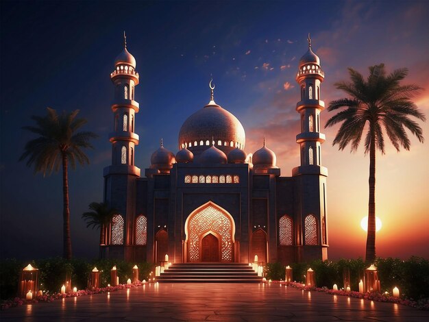 Ramadan mubarak fondo oscuro muy puesta de sol plantilla realista