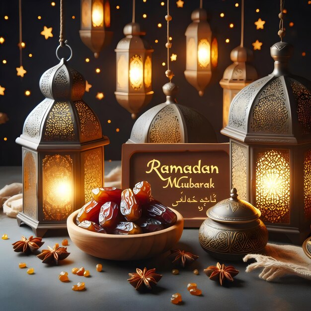 Foto ramadan mubarak con frutas y linterna en fondo oscuro generativo ai