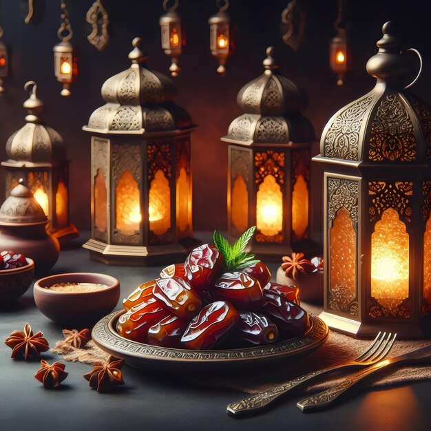 Foto ramadan mubarak con frutas y linterna en fondo oscuro generativo ai