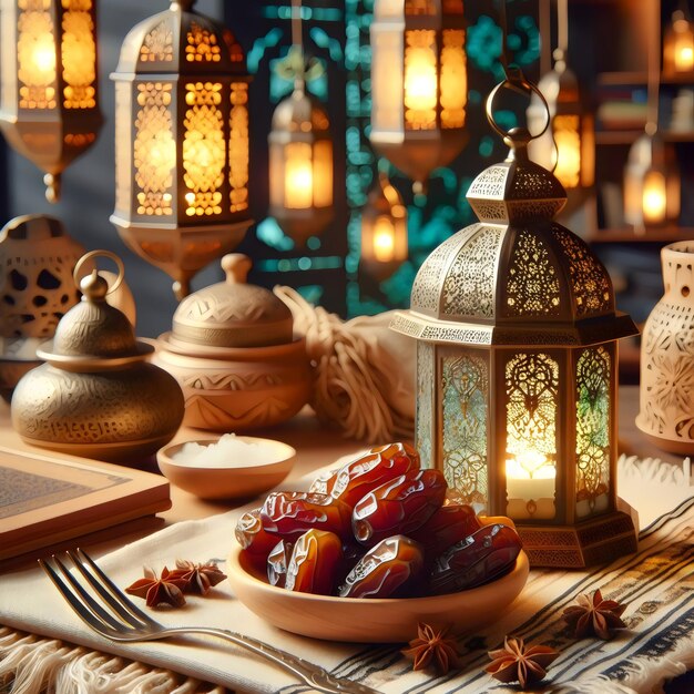 Ramadan Mubarak con frutas y linterna en fondo oscuro Generativo Ai