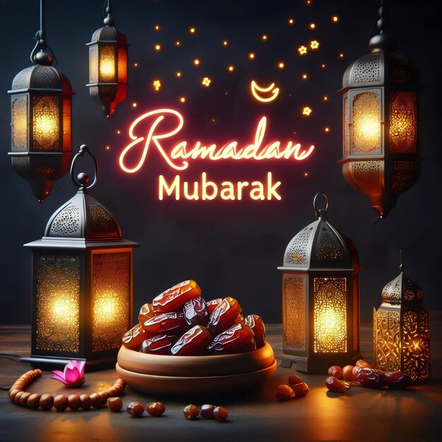 Ramadan Mubarak con frutas y linterna en fondo oscuro Generativo Ai