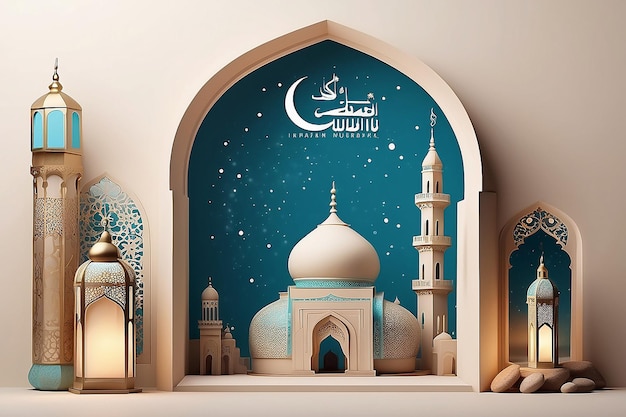 Ramadan-Mubarak-Grüßkarten im modernen Stil mit Retro-Fenstern und Bögen, Moschee-Kuppel und Laterne