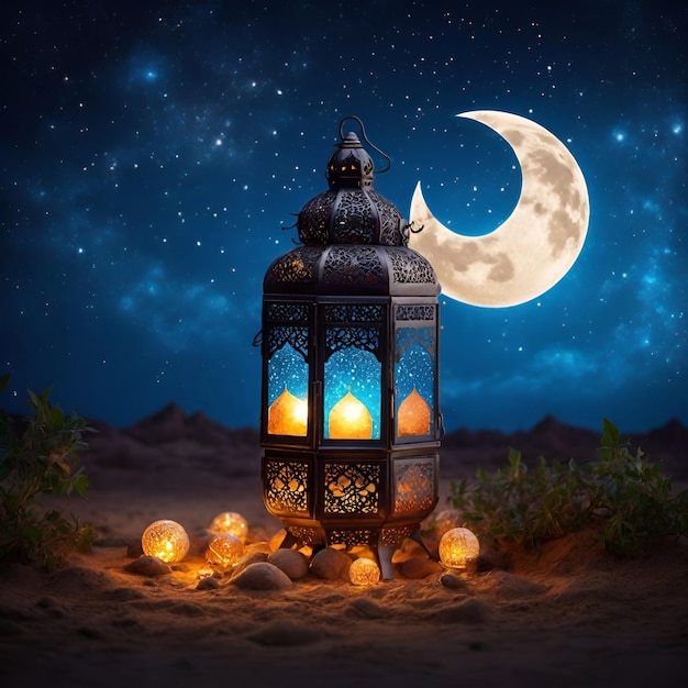 Foto ramadan mubarak lantern mit nacht, mond, sternen, himmel und beleuchtung auf sand-hintergrund