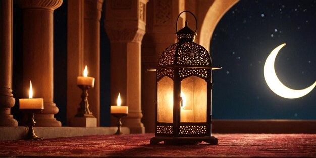 Ramadan Mubarak saludo islámico de fondo con linterna media luna y mezquita