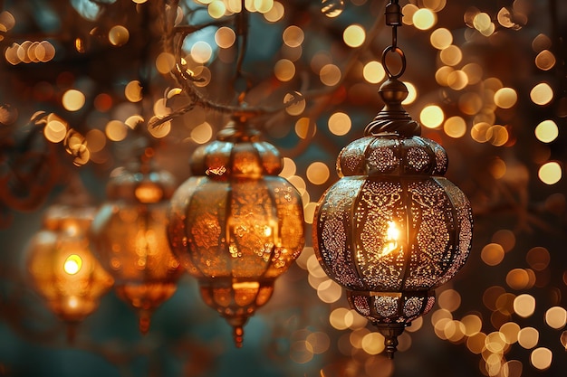 Ramadan Mubarak Symbole hängende goldene Laternen Generative Ai