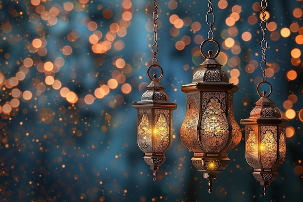 Ramadan Mubarak Symbole hängende goldene Laternen Generative Ai