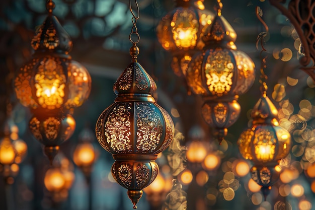 Ramadan Mubarak Symbole hängende goldene Laternen Generative Ai