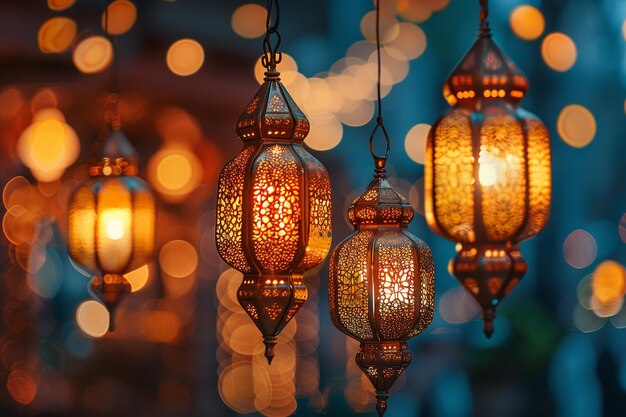 Ramadan Mubarak Symbole hängende goldene Laternen Generative Ai