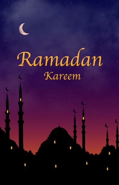Ramadán noche escena concepto fondo Ramadán inscripción en la mezquita árabe por la noche y los musulmanes