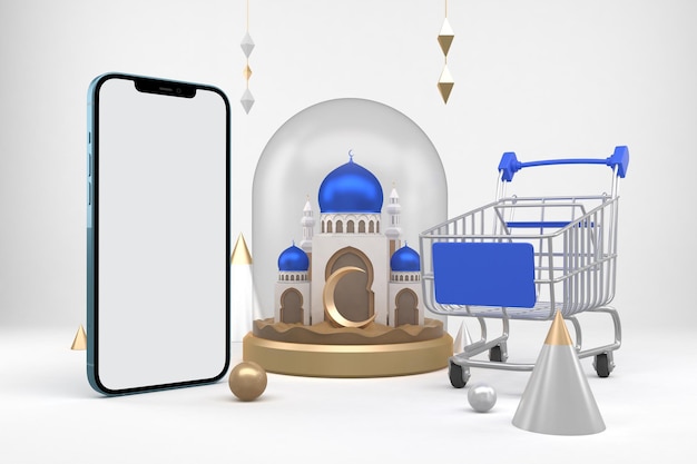 Ramadan Shopping Trolley y teléfono con fachada de fondo blanco.