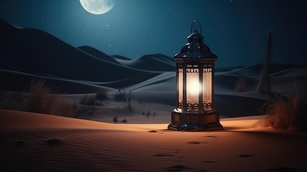 Ramadan-Szene in der Wüste mit Laterne in der Nacht