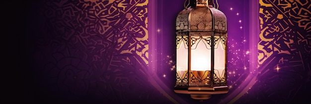 Ramadan-Thema-Poster-Banner mit lila und goldenem Hintergrund