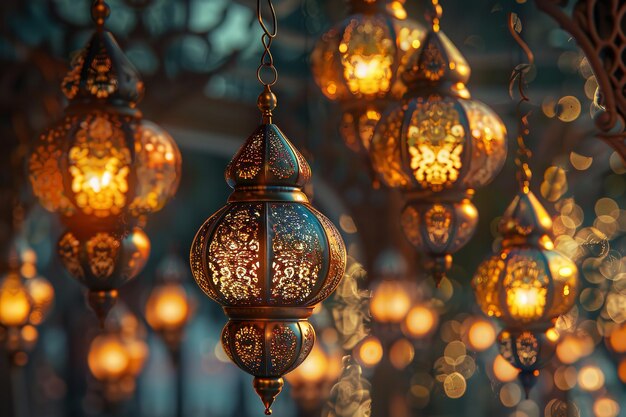 Ramadão Mubarak Símbolos pendurados Lanternas de Ouro Generative Ai