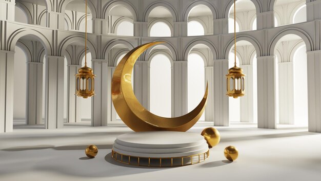 Ramadhan kareem podium display mit weißer und goldener farbe 3d-rendering