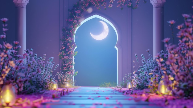 Ramadhan-Nacht mit islamischem Archpastel Blumen und Mondlicht