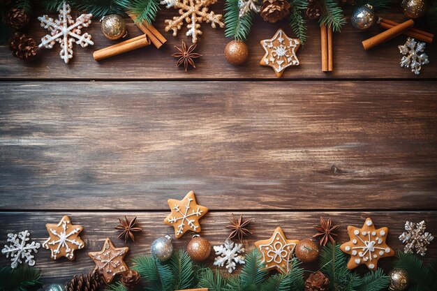 Ramas de abeto con decoración navideña plana coloca la imagen en un antiguo fondo de madera oscura IA generativa