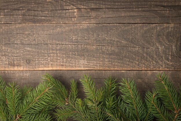 Ramas de abeto en la mesa de madera, endecha plana