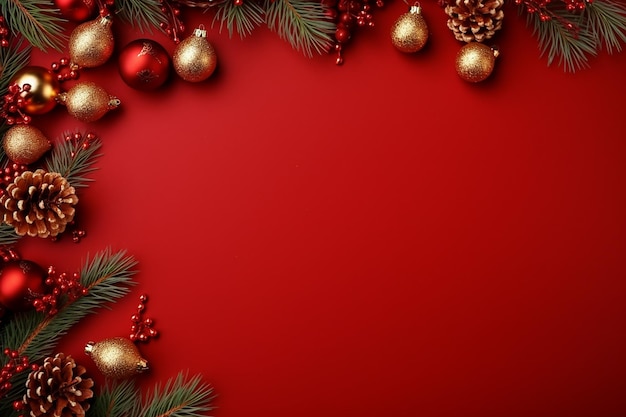Ramas de abeto de Navidad y adornos de decoración en fondo rojo creados con IA generativa