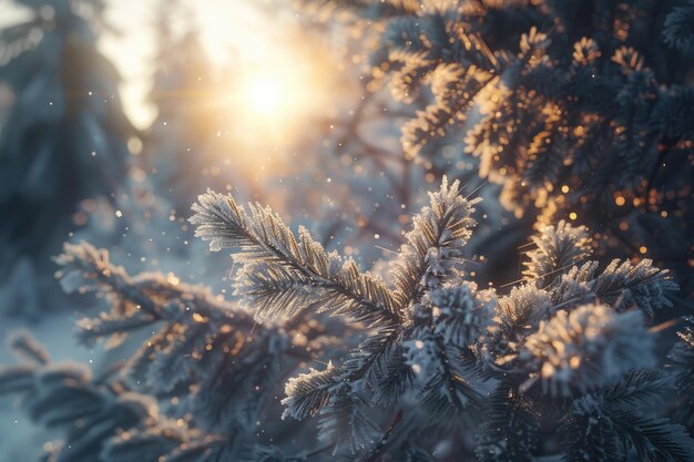 Ramas de abeto nevadas en el paisaje del bosque de invierno al amanecer