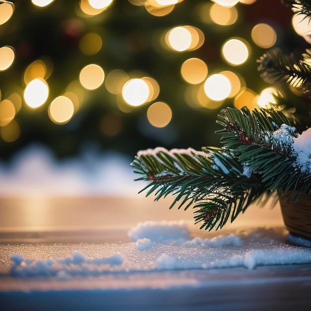 Ramas de abeto en la nieve con mesa de madera y bokeh festivo en la época de Navidad