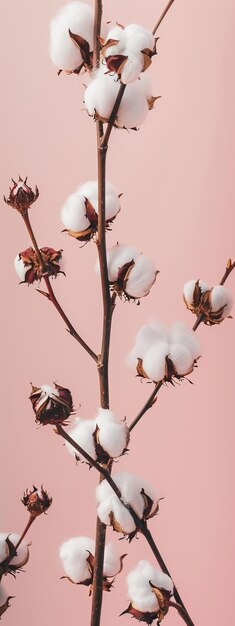 Foto ramas de algodón sobre un fondo rosa claro