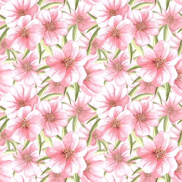 Ramas de almendra con flores rosadas y hojas verdes acuarela patrón sin costuras dibujado a mano